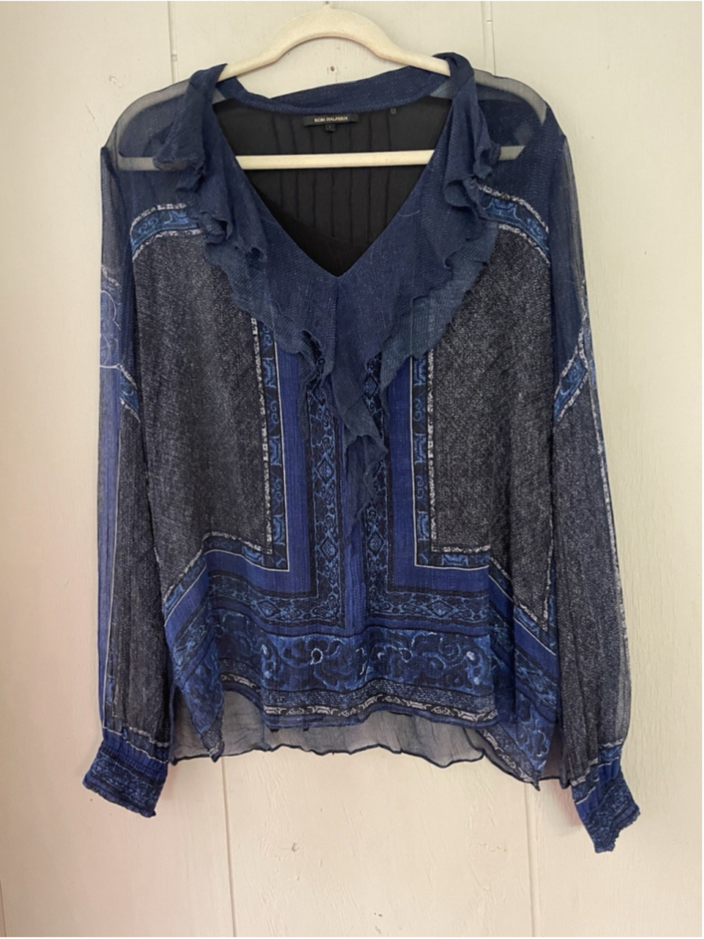 Kobi Halperin 100% Silk Sheer Peasant Bandanna Ruffle Bohemian Top Blouse L - Picture 2 of 5